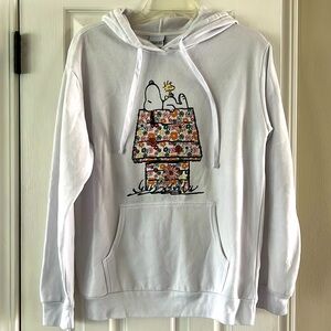 Snoopy Peanuts Woodstock White Hoodie Sweatshirt Embroidered Flowers Size Large